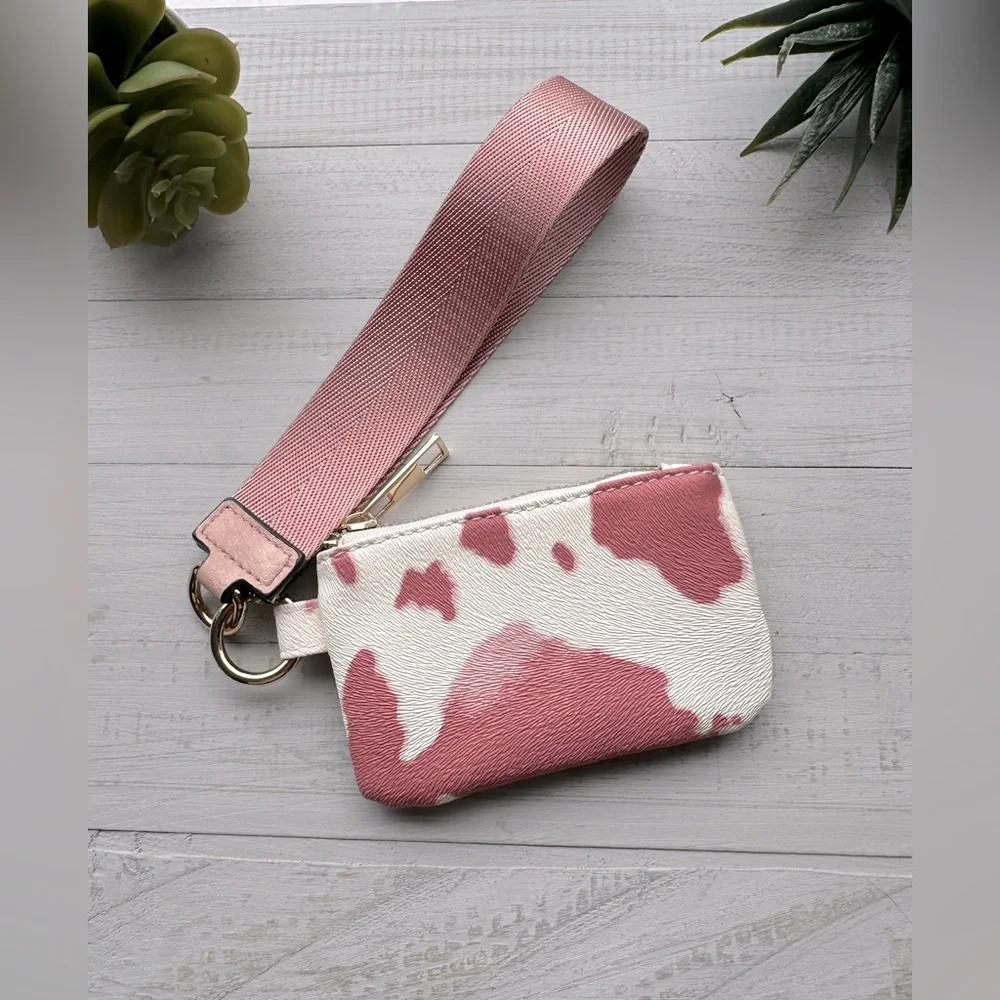 Pink Cow Print Card Case Pouch w/Removable Wrist Strap